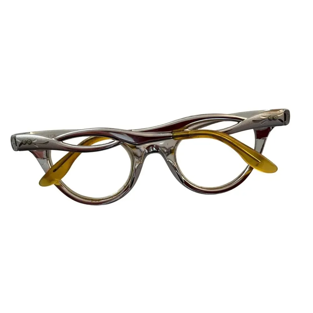 Vtg‎ American Optical Aluminum Cat Eye Glasses 1950s Engraved Silver AO Frames